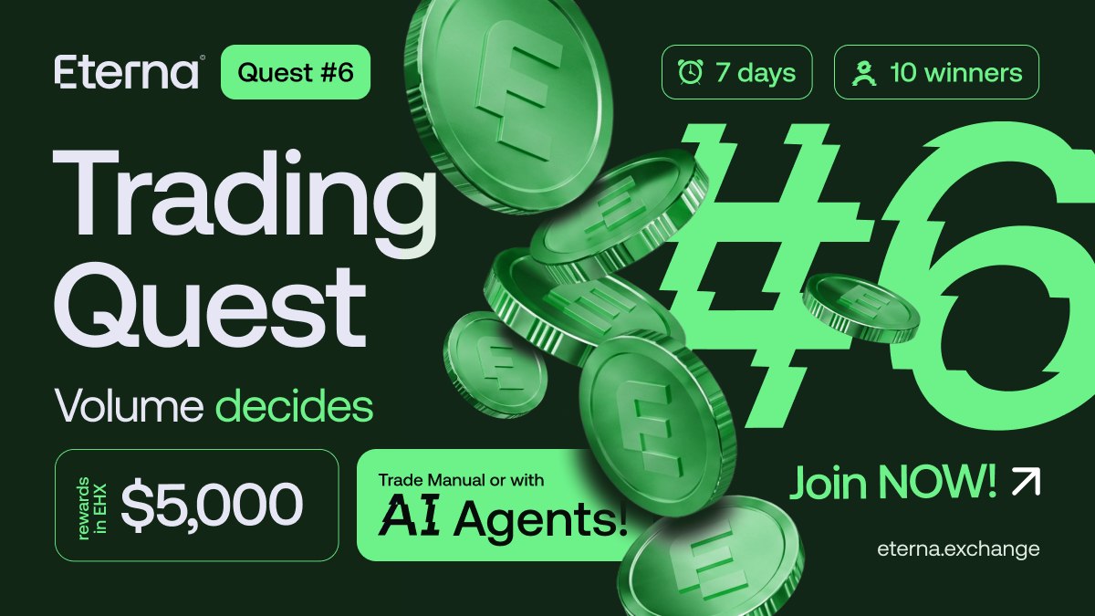 Reliant_crypto's tweet photo. Eterna opens Quest #6.

This one introduces something new.

For the first time, traders can compete not only through Eterna, but also by trading through Eterna MCP using AI agents such as Claude.

Manual trading.
AI-assisted trading.
One leaderboard.

$5,000 USD in EHX rewards for the Top 10.
7 days.
Volume decides.

Join Eterna Quest :
https://t.co/ePZggkzxW1

Learn how to set up your AI Trading Agent : 
https://t.co/z30HLZGVlz

—
Eterna
Trust the Signal.