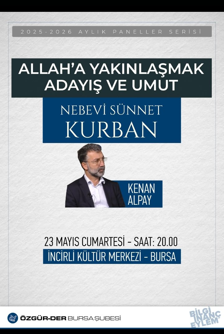 kenan_alpay's tweet photo. Nasipse bu akşam saat 20'de
"Nebevi Sünnet Kurban" 
Üzerine sohbet etmek üzere Özgür-Der Bursa şubesinin misafiri olacağız.

23 Mayıs Cumartesi, Saat: 20
İncirli Kültür Merkezi-Bursa https://t.co/uDWAXUxsvD