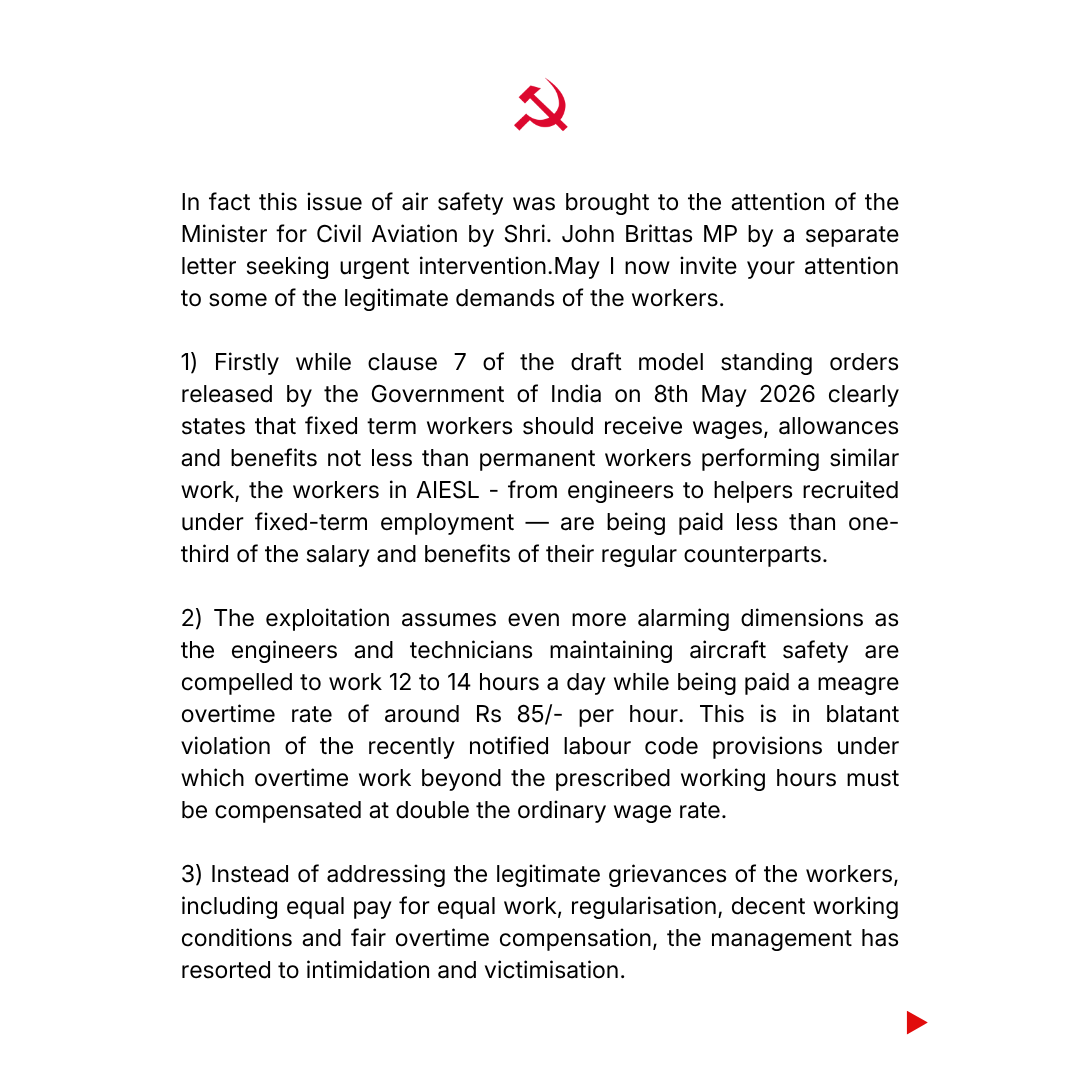 Anonymous_Inker's tweet photo. General Secretary of the Communist Party of India (Marxist) @MABABYCPIM has written a letter today to the Prime Minister, seeking the PM’s intervention to resolve the issue of #AIESL workers and uphold passenger safety. https://t.co/DRUX6NjEJL