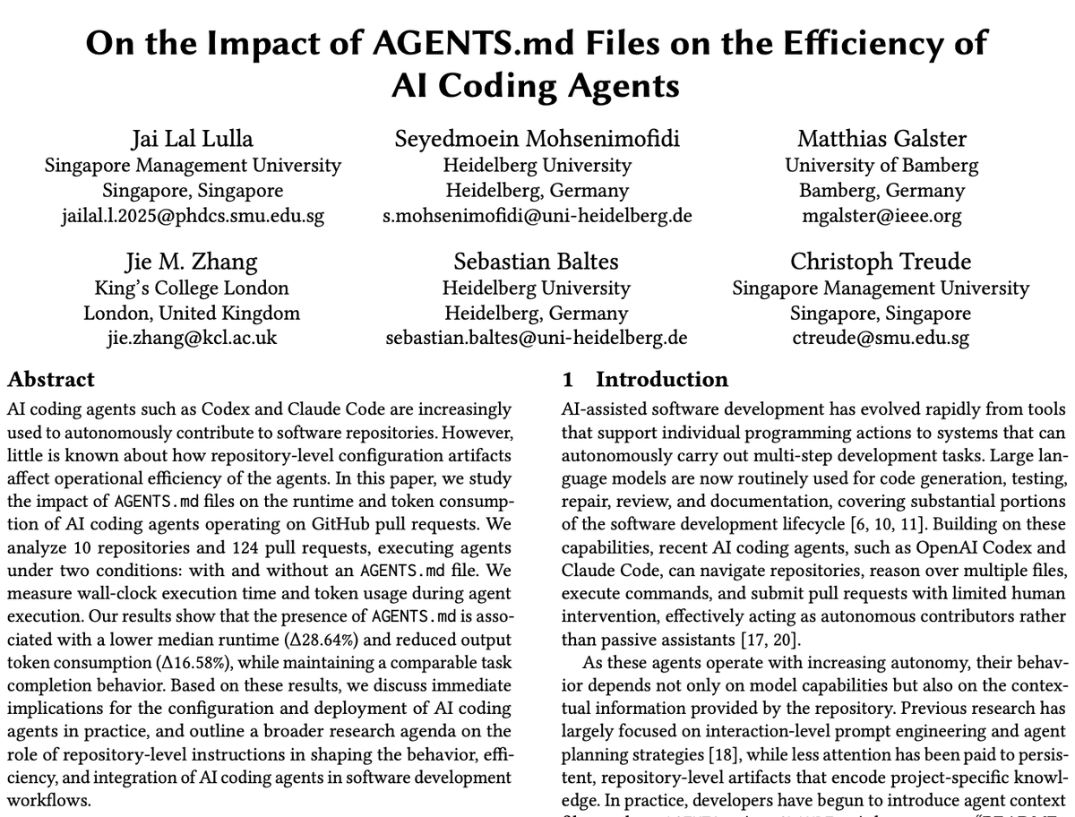 Paper screenshot summarizing AGENTS.md effects on runtime and token use across 124 pull requests