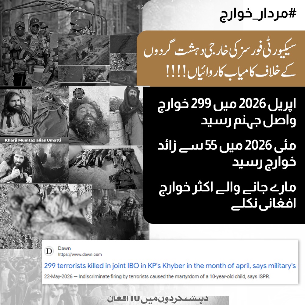 Pak_143y's tweet photo. سیکیورٹی فورسز کی خارجی دہشت گردوں کے خلاف کامیاب کاروائیاں !!!!

اپریل 2026 میں 299 خوارج واصل جہنم رسید
مئی 2026 میں 55 سے زائد خوارج رسيد
مارے جانے والے اکثر خوارج افغانی نکلی
#مردار_خوارج https://t.co/U4CUiNBdJG
