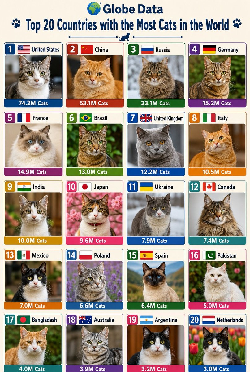 🐱 WORLD’S TOP 20 CAT POPULATION COUNTRIES 🌍 ① 🇺🇸 United States — 74.2M ...
