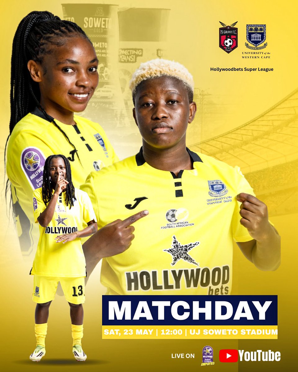 UWCFootball's tweet photo. The 𝐅𝐢𝐫𝐬𝐭 of the Season 🟡 

Today, we step onto the pitch for our first game of the 2026 Hollywoodbets Super League season as we face TS Galaxy Queens at UJ Soweto Stadium. 

#UWCWomensFootball https://t.co/iQT9rid5Om