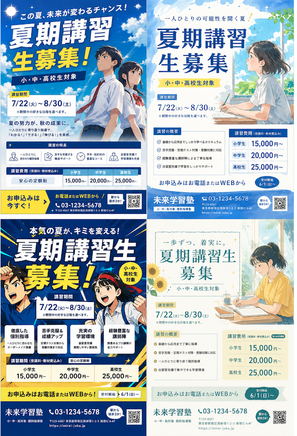 ChatGPT VS Claude ふたつのAIに夏の講習用のチラシサンプルを提案させ