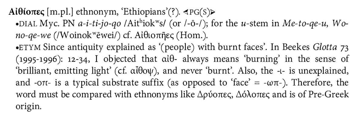 blmagazine's tweet photo. Of course there were black people in Ancient Greece. That's why Greeks had a word for them: Αἰθιοπῆες (Homeric spelling of the plural) 'Ethiopians, negroes'. 

It was wrongly analyzed as 'burnt faced' in antiquity and still is in LSJ (due to the poor quality of dictionaries from the Anglosphere).

See below the current state of knowledge from Beekes' Etymolocal Dictionary of Greek. This word has been used since Mycenean times. It had long been obscured in Homeric times, which means, that people didn't  analyse the elements of the compound as 'burnt-faced'. The meaning for them was 'Ethiopian', which stood for African in general.