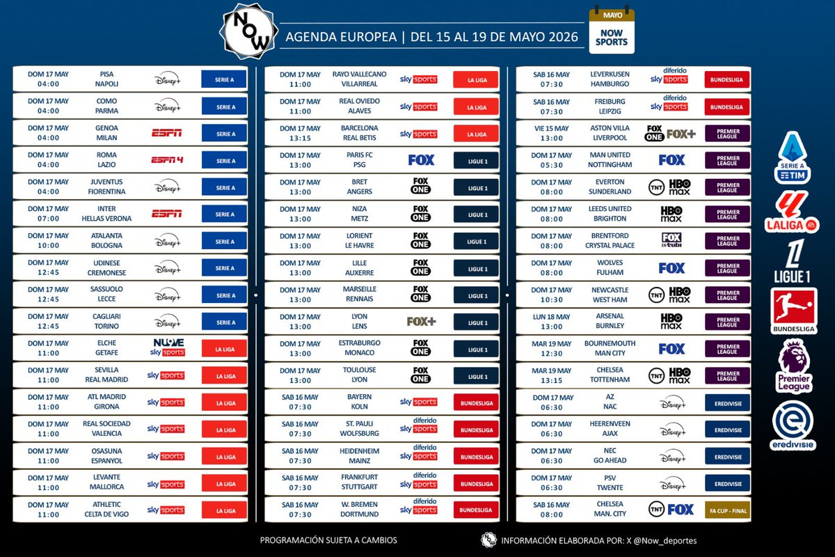 Now_deportes's tweet photo. Horarios y transmisiones de las ligas europeas 📺

📅 del 15 al 19 de mayo
→ La Liga
→ Premier League
→ Ligue 1
→ Serie A
→ Bundesliga
→ Eredivisie
→ FA Cup

🔃 RT y nos pueden seguir para más contenido https://t.co/5mIsN1qAAv