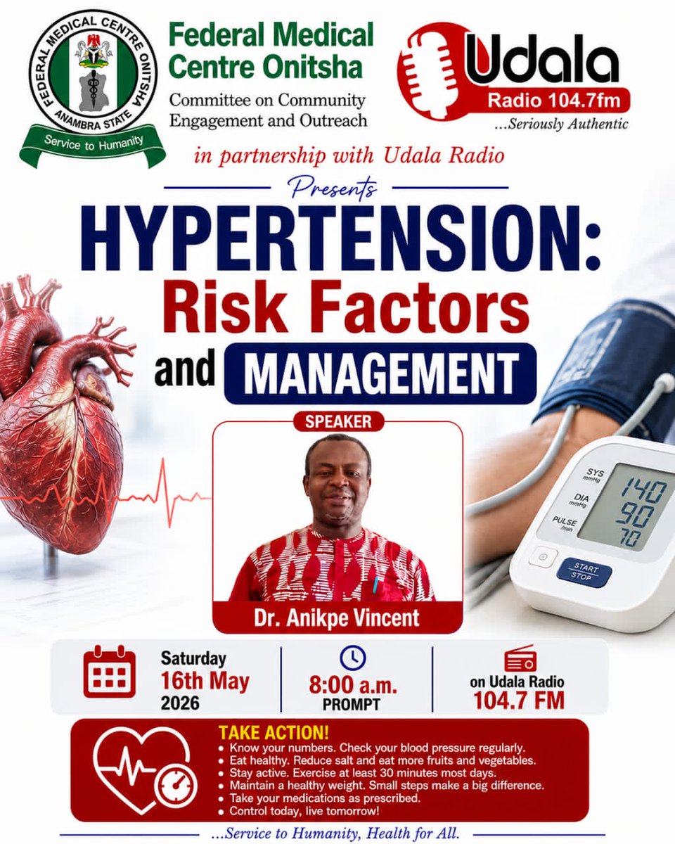 Udalaradio's tweet photo. 𝐔𝐝𝐚𝐥𝐚 𝐅𝐚𝐦𝐢𝐥𝐲 𝐓𝐢𝐦𝐞 👨‍👩‍👧‍👦 

Join Adaolisa Nweke &amp; Chinyere Omiko by 08:00 AM as we break down Risk Factors &amp; Management of HYPERTENSION with Dr. Vincent Anikpe.

#UdalaRadio #UdalaFamilyTime #Education #Health #SeriouslyAuthentic https://t.co/mmAgJGRXr5