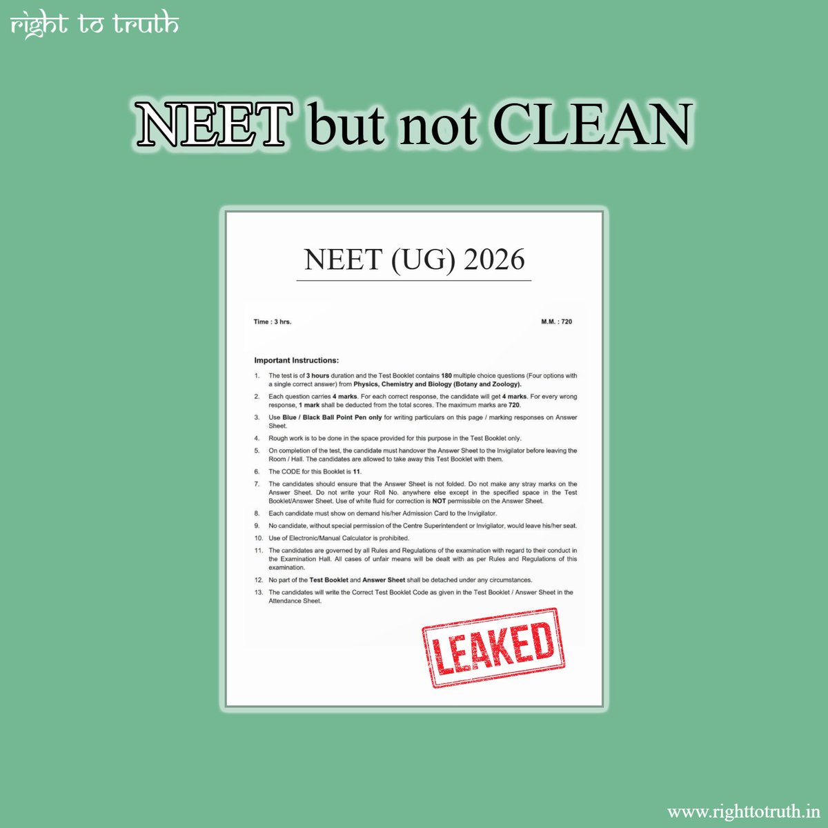 righttotruth_in's tweet photo. NEET but not CLEAN
Read More:
https://t.co/OUcBXHlXAk
#NEET #NEET2026 #NEETPaperLeak #NEETControversy #NTA #Doctors #JusticeForStudents #ExamReforms #Medical #FutureDoctors #NEETNotClean #StopPaperLeaks #EducationReform #Education #SaveMerit #Article #Post #RightToTruth https://t.co/J90pvts2zd