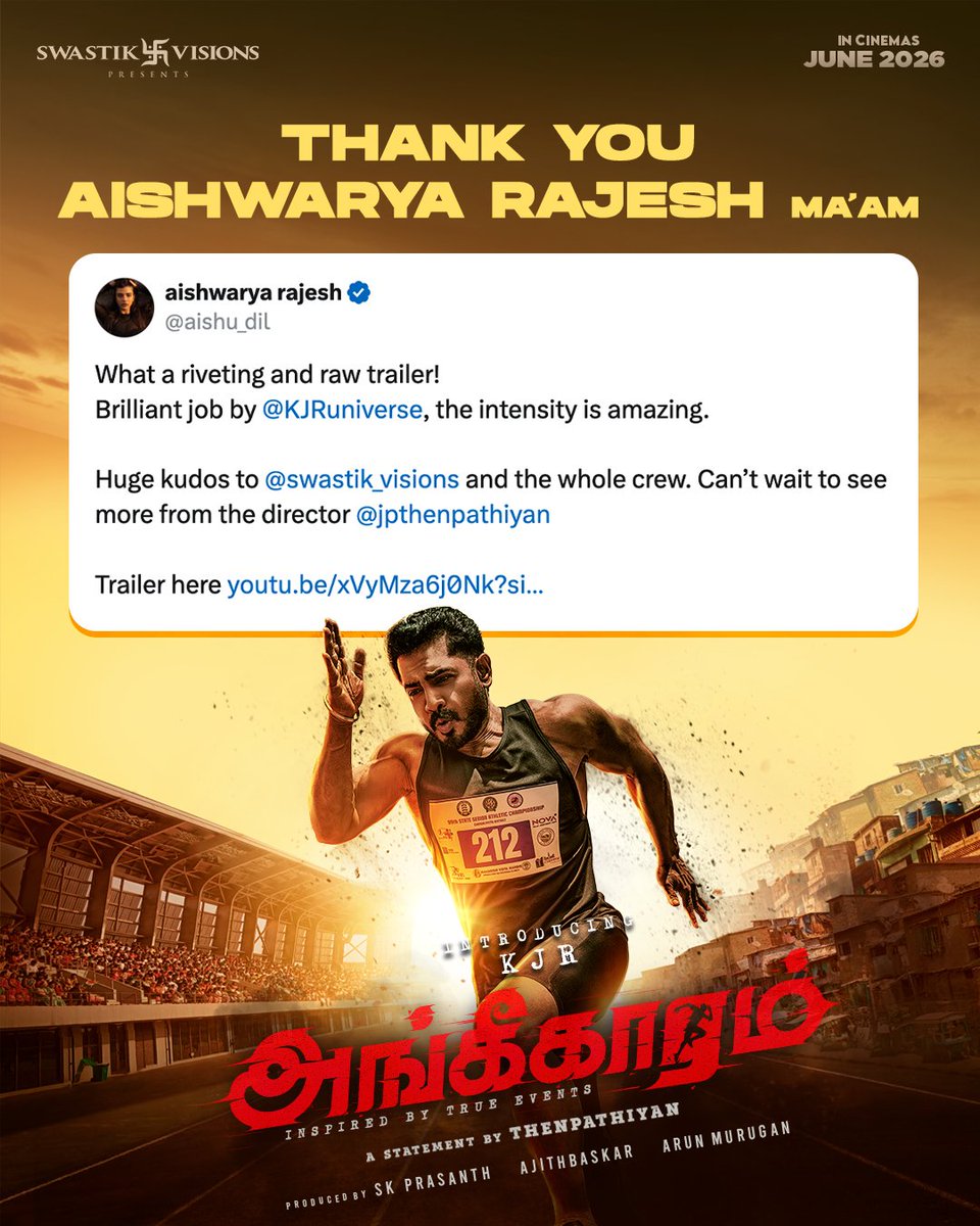 swastik_visions's tweet photo. So glad you loved it ma’am. Thank you for your wishes @aish_dil ✨ 

Watch the trailer of #Angikaaram🥇 
▶ https://t.co/TXhDHcw8Mu

In Cinemas June 2026 

Starring @KJRuniverse
A statement by @jpthenpathiyan 

#RaiseYourVoice 

@GhibranVaibodha @viswafilmmaker @vijivenkatesh https://t.co/hqyKvulwki