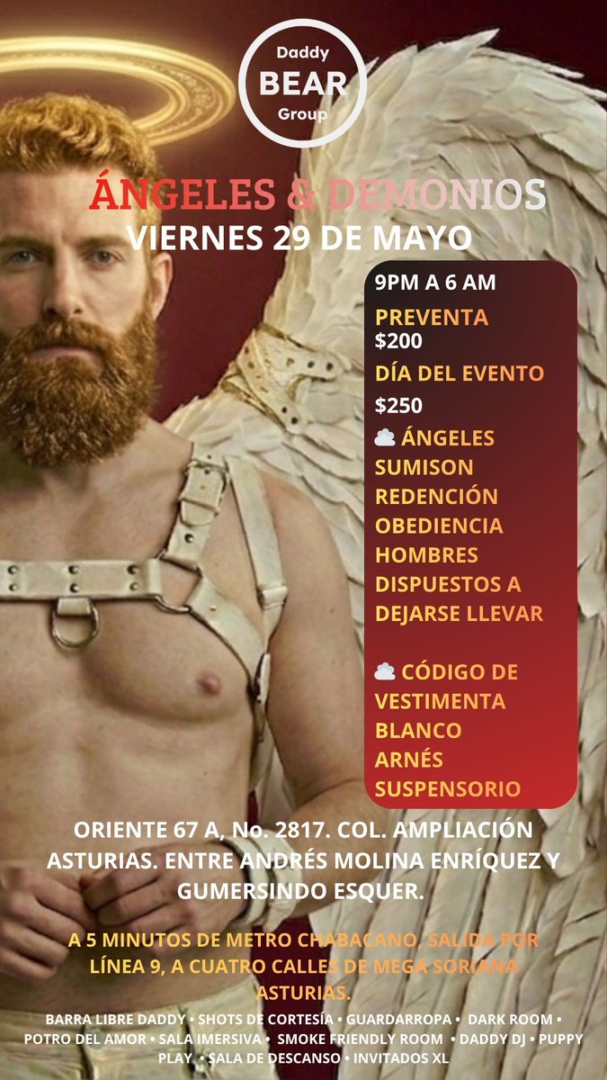 Daddybeargroup's tweet photo. Próxima fiesta en Daddy Bear!
Ángeles &amp; Demonios.
Vienes 29 de Mayo.

Una noche de placer, sumisión juego de roles y maduros. Más detalles en nuestro grupo.

https://t.co/RrLXgUb1IM…

Anfitriones:
@torosalvaje03 @maskitten @Gonza_6991 https://t.co/eN5dCjDIkh