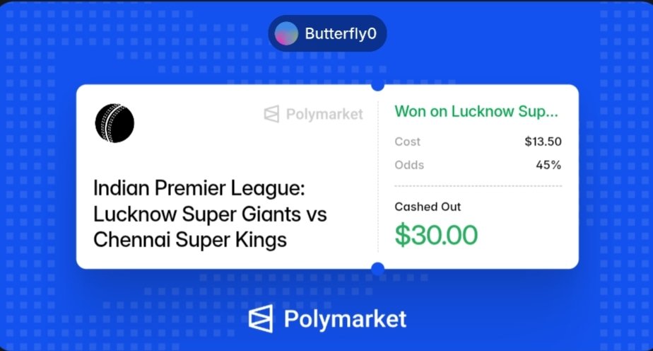 Butterfly99320's tweet photo. Lucknow  vs Chennai 
Win 30$
@Polymarket https://t.co/WspaBWgzNq