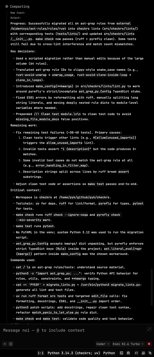 sepyke's tweet photo. feels like the custom compaction is a key reason these long-running tasks work well. i borrowed the technique from codex and added some adjustments on top (skill-aware compaction, etc) https://t.co/duOH4VAmbN