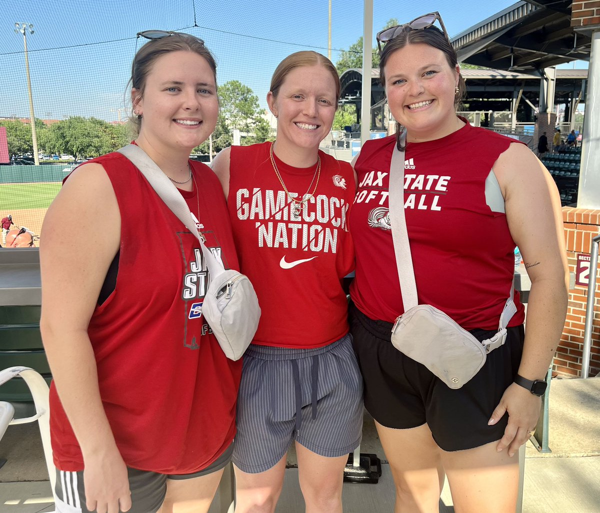 MarkSportsStar's tweet photo. Enjoyed running into former @JaxStateSB players, from left, @carolinelivelyy, @Sudduth20 and @lindsrich17 at the Gamecocks’ NCAA regional game today in Tallahassee. https://t.co/bqPuTm4kVd