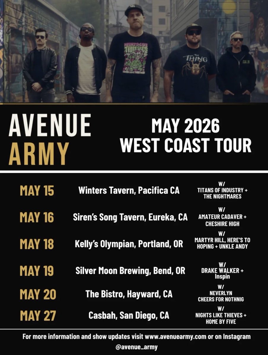 RdubRecordings's tweet photo. #AvenueArmy kicks off their Spring Tour tonight starting in Pacifica, CA at @WintersTavern! #LFG #OnTour https://t.co/J9f80dU5nw
