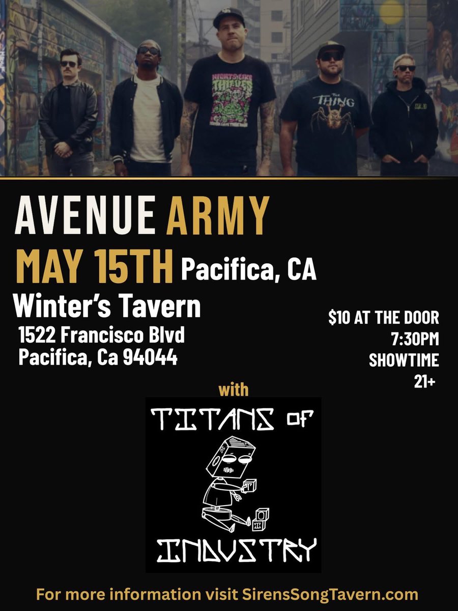 RdubRecordings's tweet photo. #AvenueArmy kicks off their Spring Tour tonight starting in Pacifica, CA at @WintersTavern! #LFG #OnTour https://t.co/J9f80dU5nw