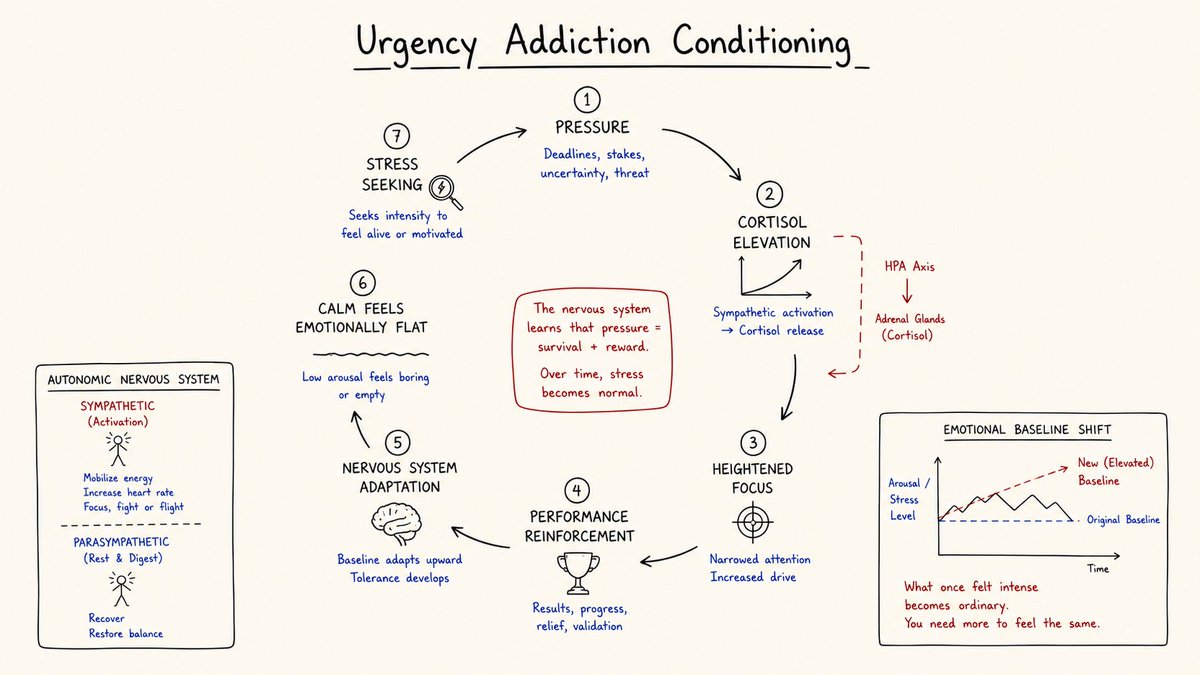 SpartanPsyche's tweet photo. One of the strangest things about chronic stress is that it makes being calm starts feeling emotionally wrong.

At first, urgency feels exhausting.

Later, urgency feels energizing.

Eventually, urgency becomes psychologically necessary.

That progression happens so slowly most ambitious people never notice it consciously.

Think about this logically..

Your nervous system adapts to repeated environments.

If you spend years operating inside:

deadlines
notifications
pressure
fires
constant stimulation
high stakes

…your body begins treating urgency as baseline.

Calm no longer feels familiar.

This is why some founders physically cannot relax on vacation.

i'm sure many of you recognize this

Nothing is wrong.

Yet you still:

check Slack
scan notifications
seek stimulation
create pressure mentally

Your body arrived at rest, your nervous system didn’t.

This is NOT ambition. 

This is purely conditioned hyperarousal.

Your nervous system is trained on wrong inputs

urgency = focus
pressure = meaning
chaos = aliveness

That’s a dangerous equation to reinforce for years.

HOWEVER/...

The trap is that urgency often improves short-term performance.

so you're actively being rewarded for repeated stress exposure

Stillness starts feeling emotionally flat by comparison.

NOW, you unconsciously recreate chaos 

Because calm no longer produces enough stimulation internally

insanity