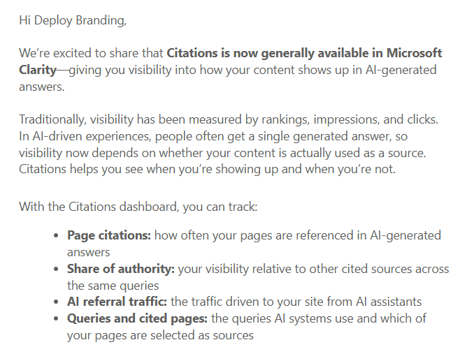 byAnanduS's tweet photo. Microsoft's free user-behavior analytics tool Clarity now provides AI citations tracking. 

It is not just from Copilot instead it will track citations from all other AI assistants out there.  

When Google will do the same for its GA4 and GSC tools. 

#SEO #AICitations https://t.co/wkJcqHpoy8