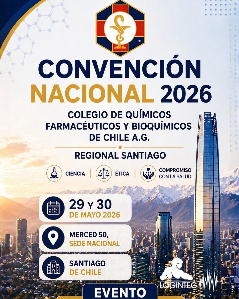 Loginteg's tweet photo. 💊✨ La Convención Nacional 2026 reunirá a profesionales farmacéuticos de todo Chile para conversar sobre el futuro de la profesión.

📅 29 y 30 mayo 2026  
📍 Merced 50, Santiago  
🎟️ Evento gratuito

#FarmaciaHospitalaria #QuimicosFarmaceut https://t.co/0cCfcba4tT