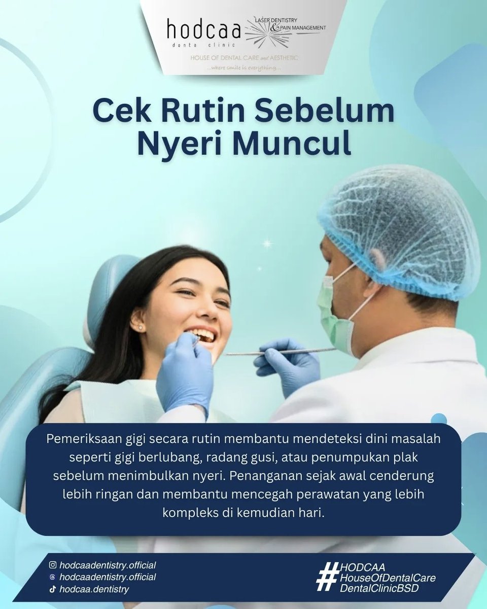 Healthy_Smiley's tweet photo. Pemeriksaan sejak dini membantu mencegah keluhan berkembang menjadi nyeri atau perawatan yang lebih kompleks.

Follow @hodcaadentistry.official &amp; hodcaadentalclinic supaya tidak ketinggalan update seru dari HODCAA!

#Hodcaa #HodcaaBSD #DentalClinic #PremiumDentalClinic https://t.co/qD80oGiCgE