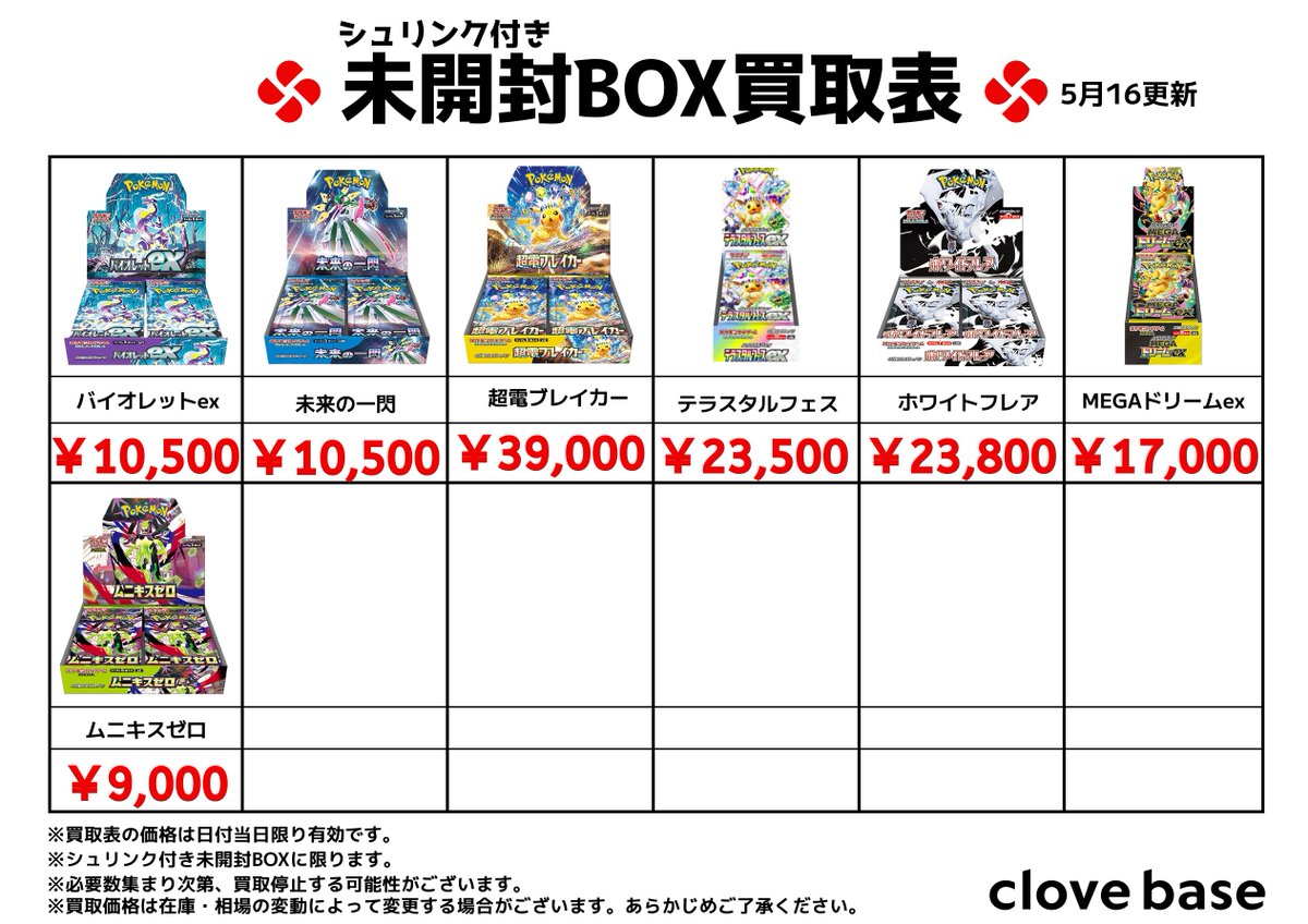 ⭐️シュリンク付き未開封BOX買取表 ⭐️ 《買取表に載っている