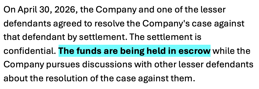 EatYerShorts's tweet photo. BOOM! There it is:

Canaccord Genuity PAID CASH in its April 30 settlement with #NWBO.

Ignore the dipshit FUDpackers that deny it. Funds now sit in escrow per the latest 10-Q.

Confidential terms, but the money is there, ready for release once talks with the other "lesser defendants" finish.

Straight facts.

Thread. 👇