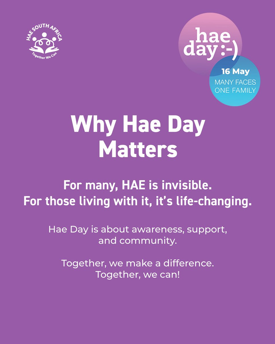 HAE_SouthAfrica's tweet photo. Happy Hae Day:) 2026 💜
Hae Day is about awareness, community and standing together in support of everyone affected by this rare condition.
We continue to advocate for earlier recognition, faster diagnosis and better access to care! Together, we can. 💜
#HAEDay #HAESouthAfrica https://t.co/VqybOv71IB