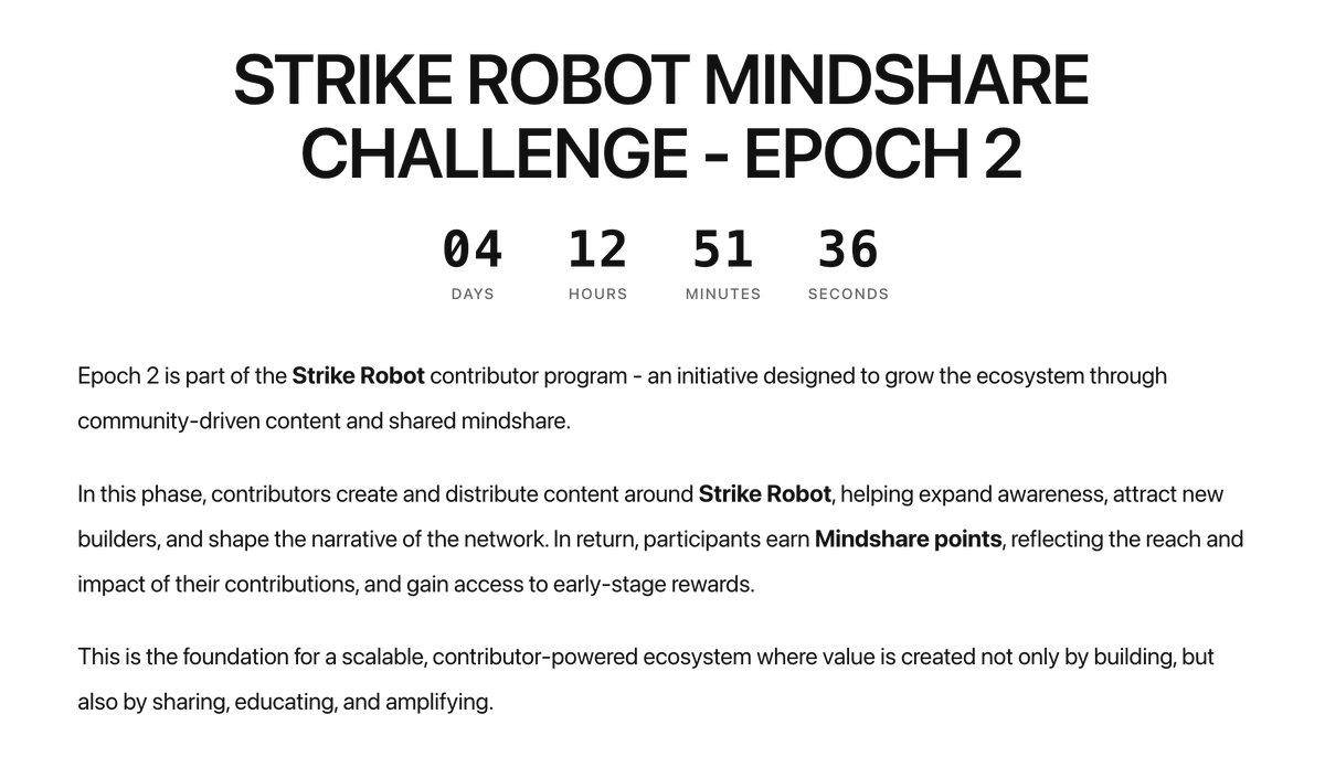 StrikeRobot_ai's tweet photo. Mindshare Challenge — Epoch 2 is entering its final days.

Random snapshots are still happening, so stay active and keep building.

This time, rewards will be distributed in $SR.

And more importantly — the rewards will be bought directly from the market by the team, instead of being claimed from vested allocations.

We believe this approach creates a fairer system for both long-term $SR holders and everyone contributing to the Mindshare Challenge.

Thank you to everyone who has supported and built alongside Strike Robot.