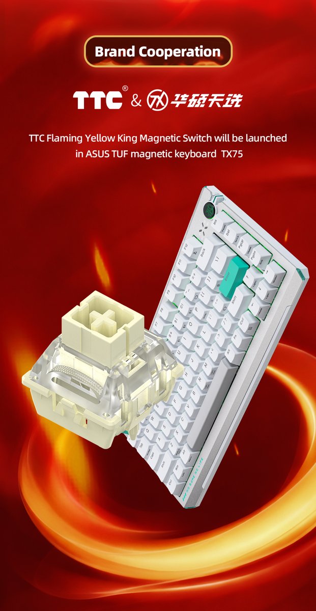 TTCswitch's tweet photo. TTC Flaming Yellow King (Magnetic) x ASUS TUF TX75 Keyboard🔥 #asus #ttcswitch #magnetickeyboard #switchkeyboard https://t.co/45qJDqAi3L