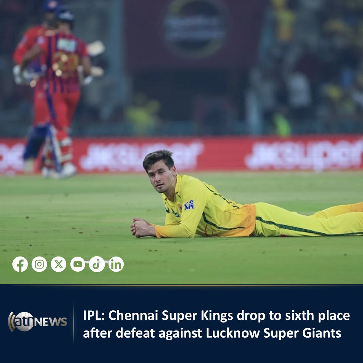 ArianaNews_'s tweet photo. Chennai Super Kings slipped to sixth place in the IPL 2026 standings after suffering a seven-wicket defeat to Lucknow Super Giants in Lucknow on Friday.

Read more at: https://t.co/E4dxmgvJIE

#ArianaNews #IPL #CSK #LSG #CSKvLSG #Cricket https://t.co/2TTibgAqUX