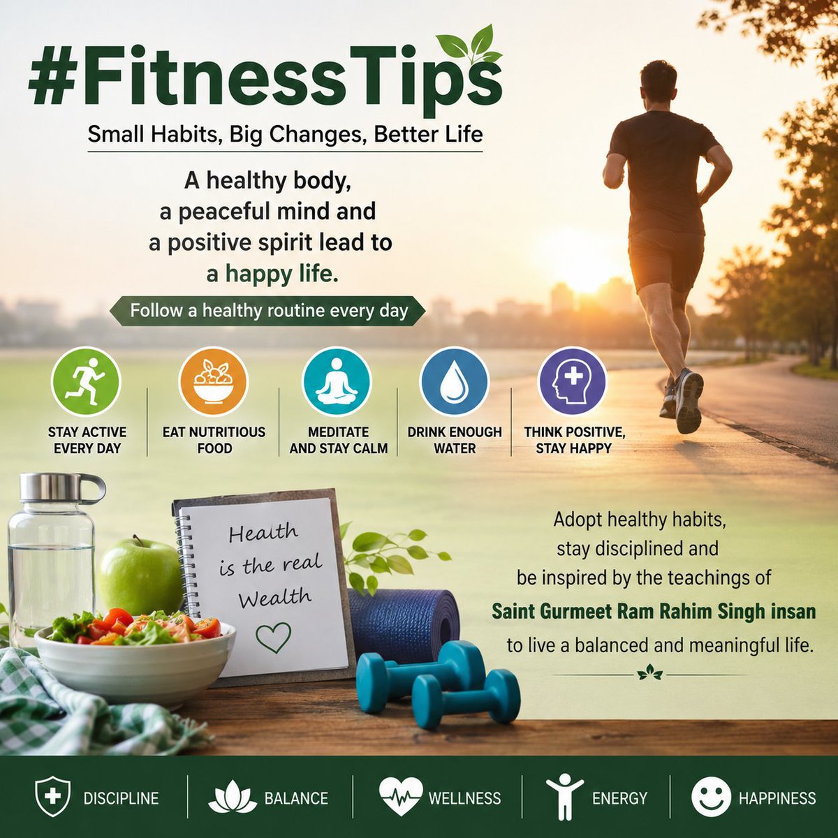 RekhaJuneja111's tweet photo. In this busy life we all forget to take care of ourselves, Saint Gurmeet Ram Rahim Ji guides that real fitness is not just about the physical fitness it’s also about the mental calmness and spiritual calmness.
#FitnessTips https://t.co/rR7OKhzLKF