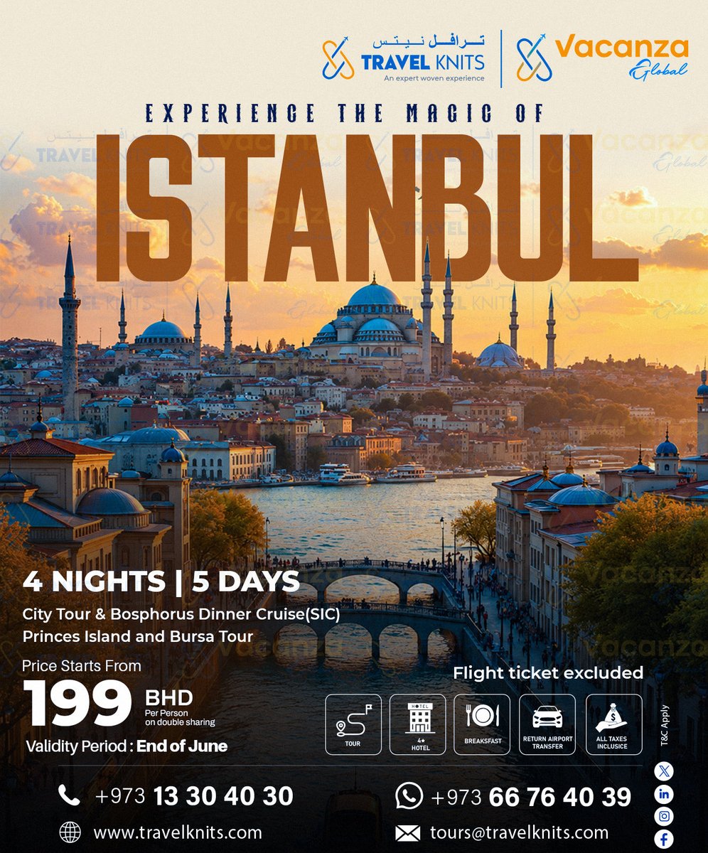 KnitsTravel's tweet photo. Ready to get lost in a city where two continents collide? 🕌✨

Reach out to our travel experts today to secure your booking before spaces fill up. 👇
📞 Call: +973 13 30 40 30
💬 WhatsApp: +973 66 76 40 39
🌐 Book Online: https://t.co/GiDsBE7KWv
✉️ Email: tours@travelknits.com https://t.co/pGcHvUWnkX
