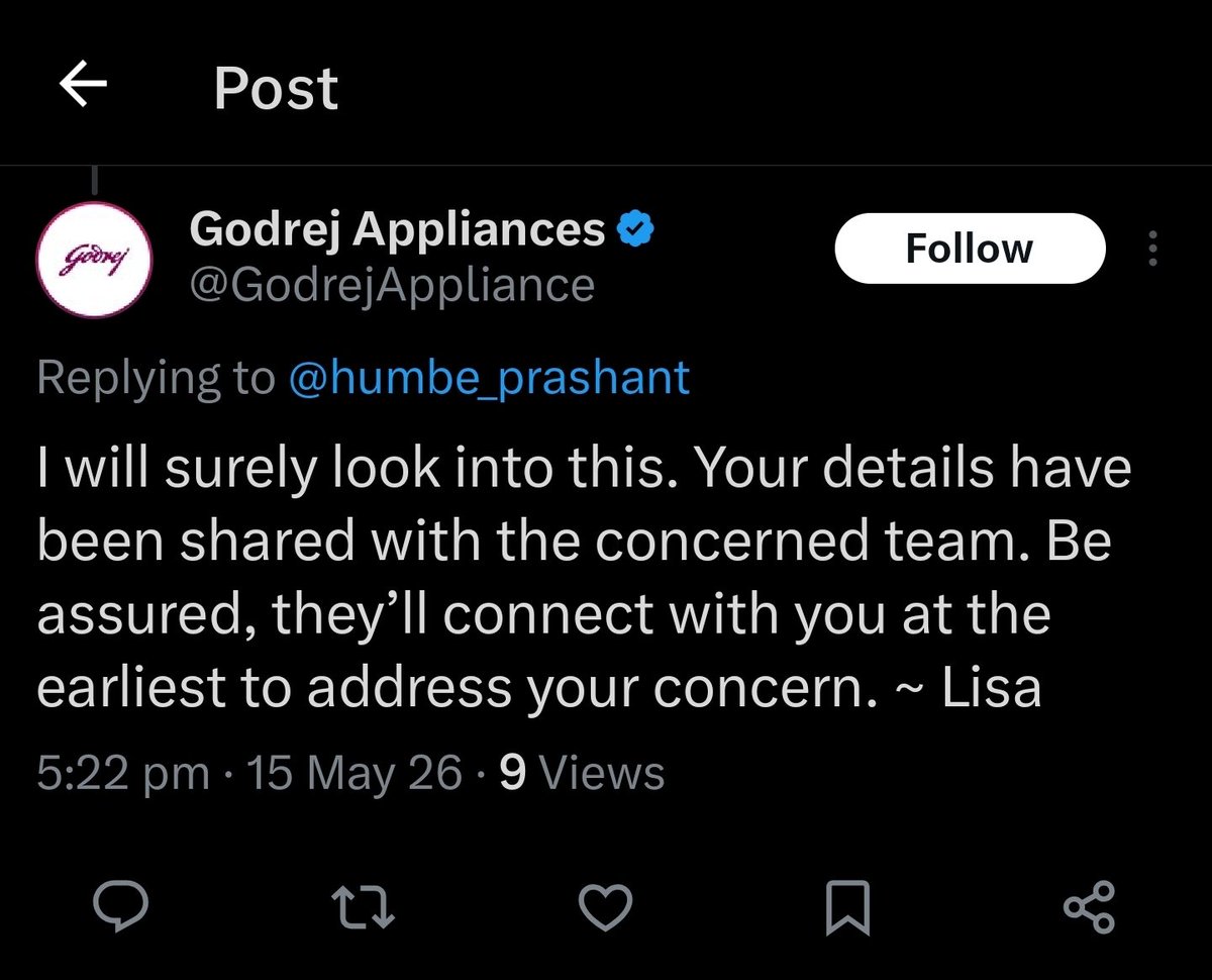humbe_prashant's tweet photo. @GodrejAppliance  I made a big mistake buying a Godrej AC. It has been 4 days and I still haven’t received any proper response, call, or resolution from your team. This level of after-sales service is disappointing. Kindly resolve my issue immediately and provide an update. https://t.co/54qUSYU7KK