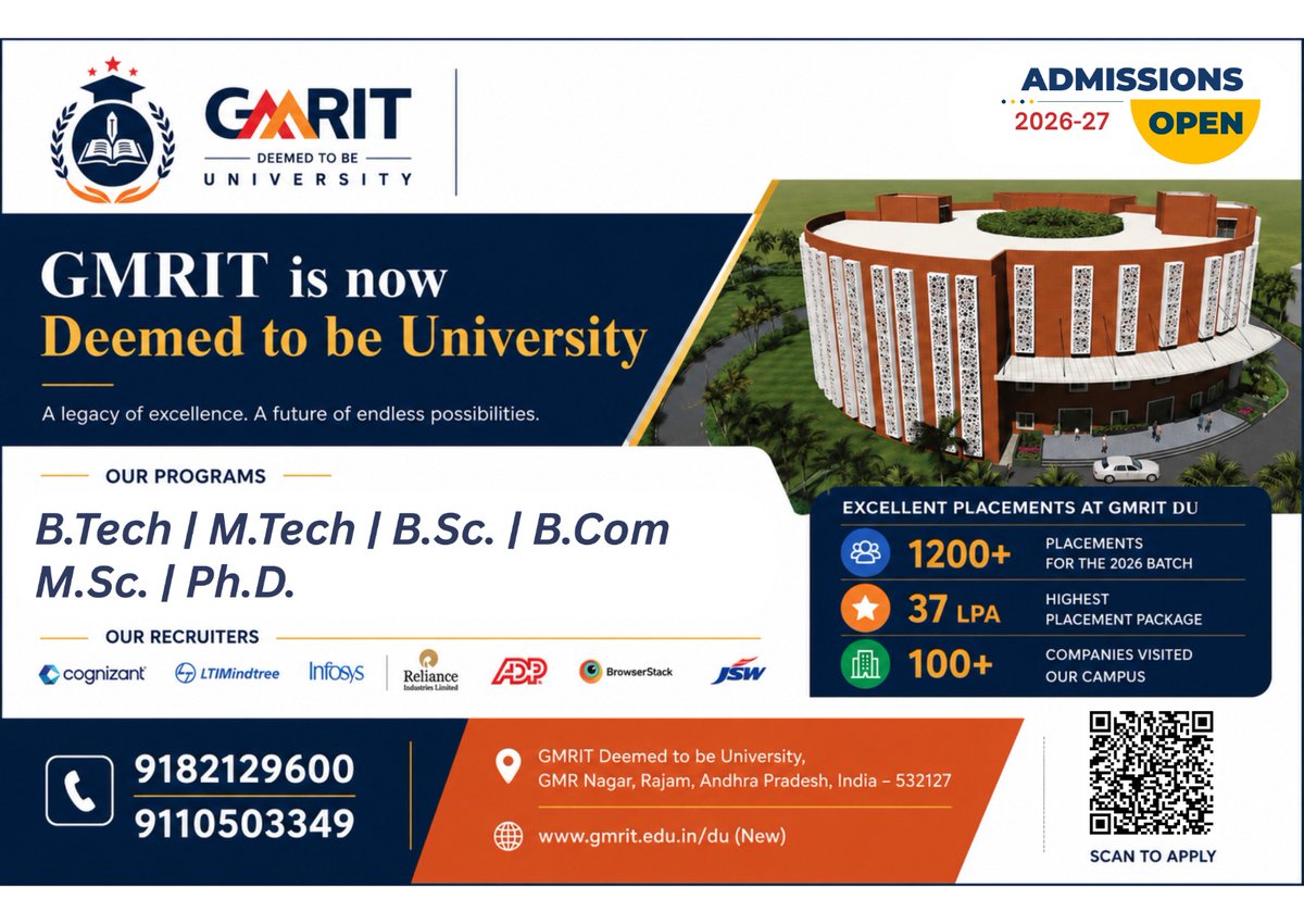 gmritdu's tweet photo. ✨ GMRIT is now Deemed to be University! ✨

📢 Admissions Open for 2026-27

📞 9182129600 | 9110503349
🌐 https://t.co/gRmHhriTCn 

📍 GMRIT Deemed to be University, Rajam, Andhra Pradesh

#gmrit #GMRITDU #gmritdeemedtobeuniversity #AdmissionsOpen #EngineeringAdmissions https://t.co/itOyLTNCi4