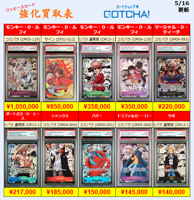 5/16更新 🚢ワンピースカードゲーム🌊 🏴‍☠️【PSA10 強化買取表