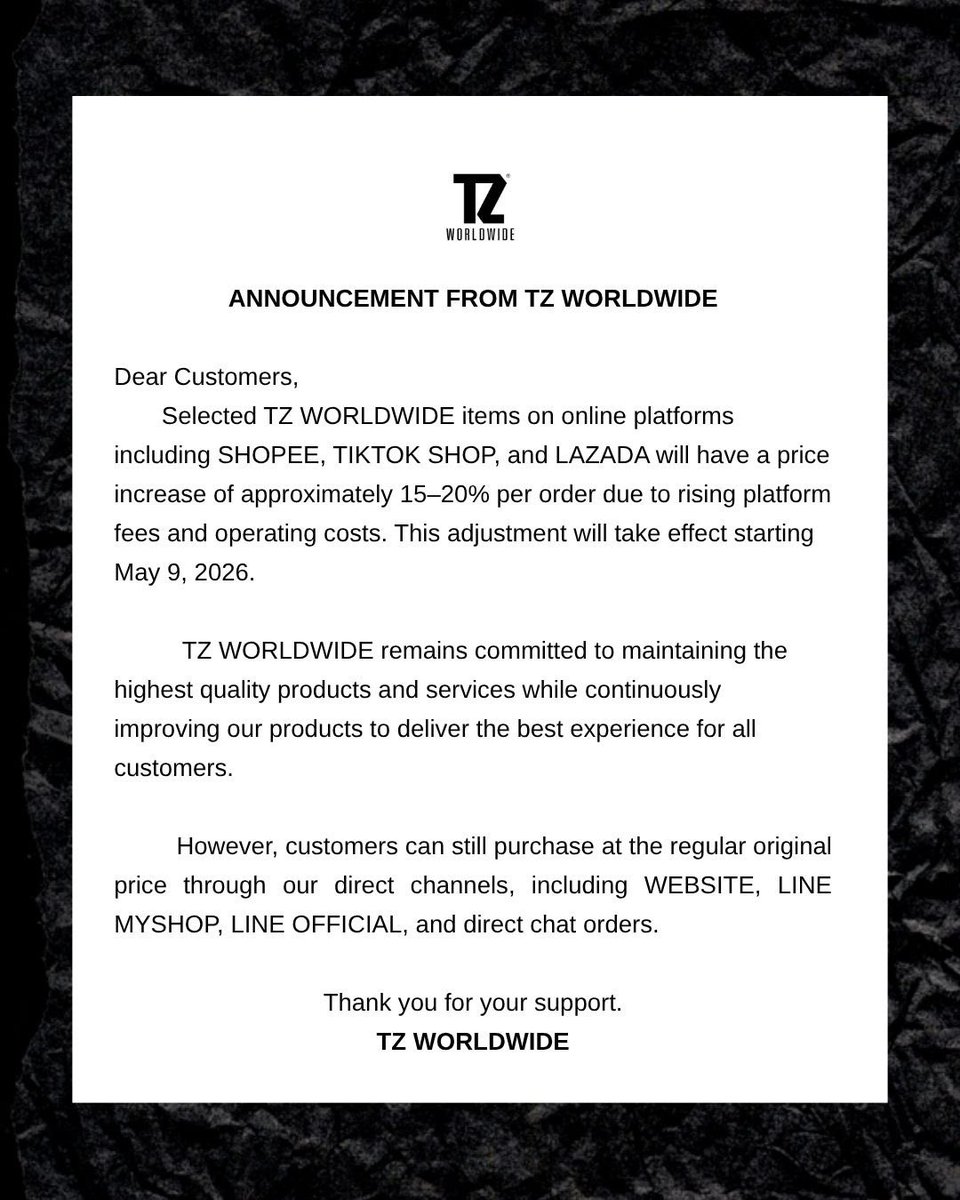 TrezWorldwide's tweet photo. ประกาศจากทางแบรนด์ TZWORLDWIDE 
เรื่องการปรับราคาสินค้าบนแพลตฟอร์มออนไลน์
ทางแบรนด์ขอขอบคุณลูกค้าทุกท่าน
ที่คอยสนับสนุน TZWORLDWIDE เสมอมา🙏🏼🖤
#tzworldwide #streetwear https://t.co/BCTCi7pZF8