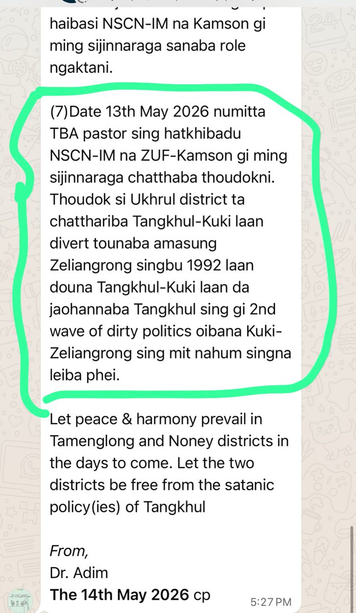DynastyDoungel's tweet photo. @NagaDelhi @NagaNsud
@NSF1947 @NSU_CHENNAI
@NSU_CHENNAI @Ukhrultimes @LIANGMAIPOST @tangkhulnews @rlungleng @khanuithotkhon @WungMedia @TheSangaiExpres @PoknaphamNews 
(7) On 13th May 2026, the killing of TBA pastors was carried out by NSCN-IM using the name “ZUF-Kamson.” The incident in Ukhrul District was an attempt to divert the ongoing Tangkhul-Kuki conflict and to drag the Zeliangrong community into it, similar to the 1992 conflict. The intention is to turn the Tangkhul-Kuki conflict into a second wave of dirty politics, so that both the Kuki and Zeliangrong communities suffer.

Let peace and harmony prevail in Tamenglong and Noney districts in the days to come. May the two districts be free from the destructive policies of the Tangkhul.  

From
Dr. Adim  
14th May 2026