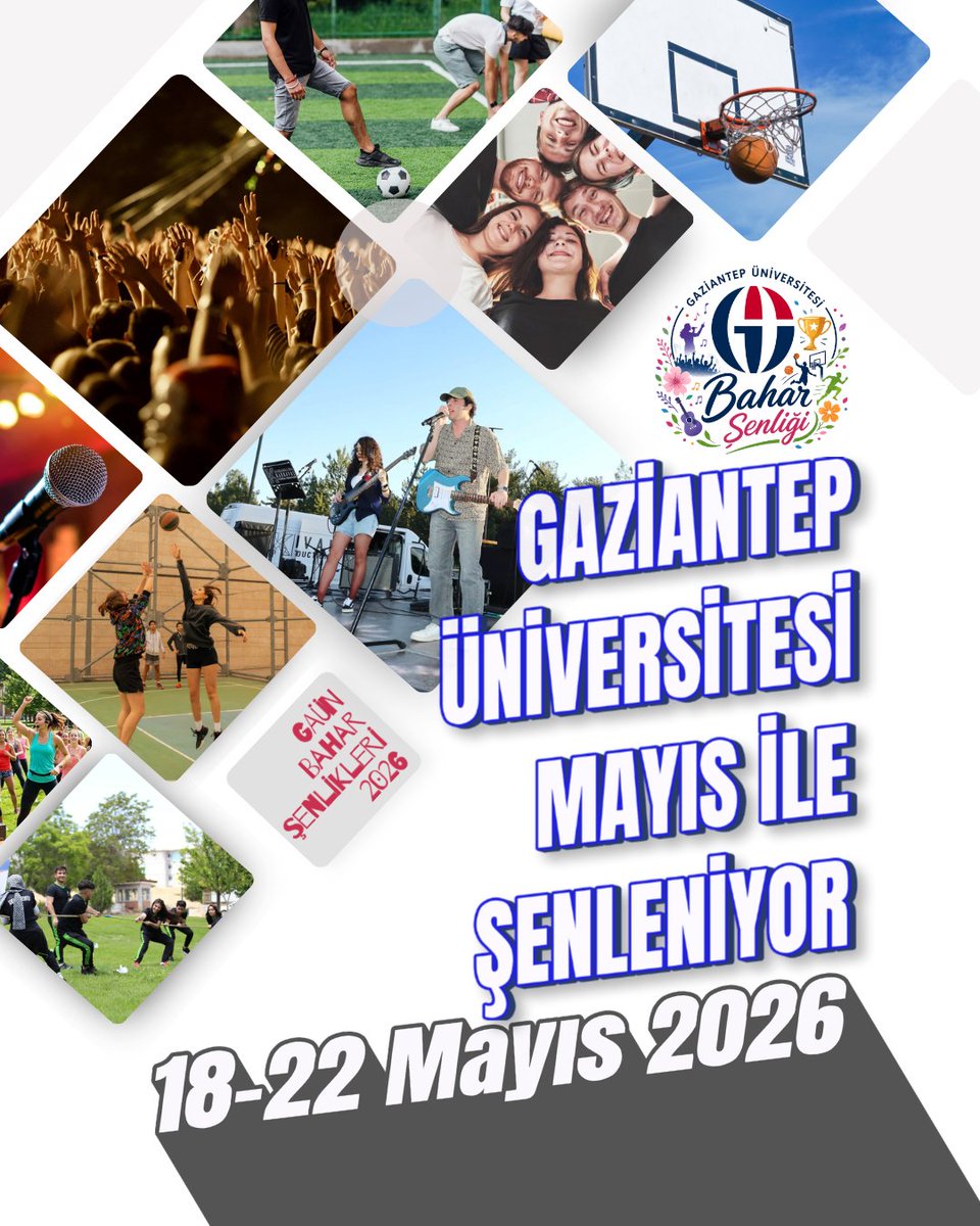 gaziantepUniv's tweet photo. 🎉 GAÜN Bahar Şenlikleri 2026 başlıyor!
Spor, müzik, yarışmalar, workshoplar ve dopdolu etkinliklerle 18-22 Mayıs tarihleri arasında kampüs şenleniyor.
📍 Gaziantep Üniversitesi
🗓️ 18-22 Mayıs 2026 https://t.co/tMTODIc3Ma