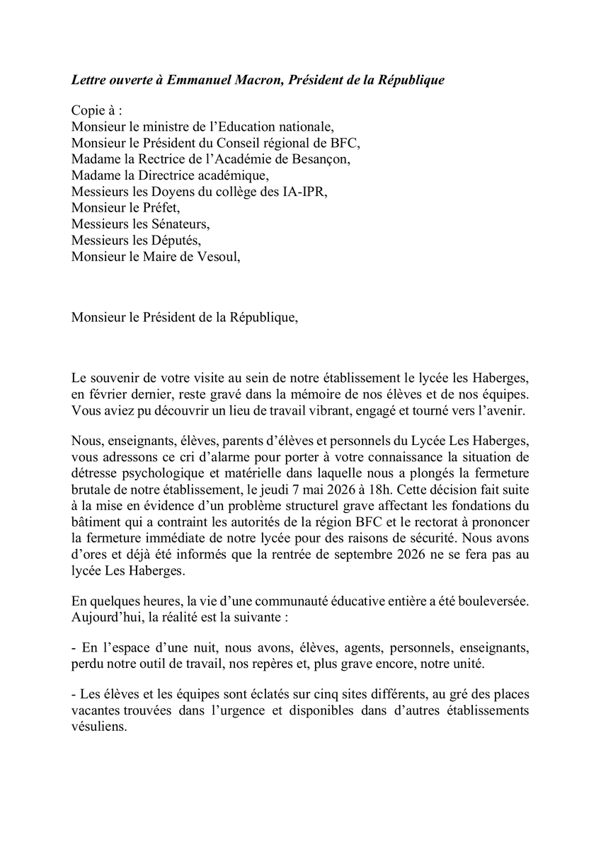Haberges_Debout's tweet photo. Lettre ouverte à @EmmanuelMacron
Monsieur le Président,
Le 7 mai à 18h, notre lycée a été fermé brutalement. 1000 personnes éparpillées sur 5 sites.
Nous demandons votre intervention. 🧵⬇️
@Elysee @education_gouv @Jeromedurain @acbesancon @alainchretien @EdouardGeffray https://t.co/ahQ0cMZPmf