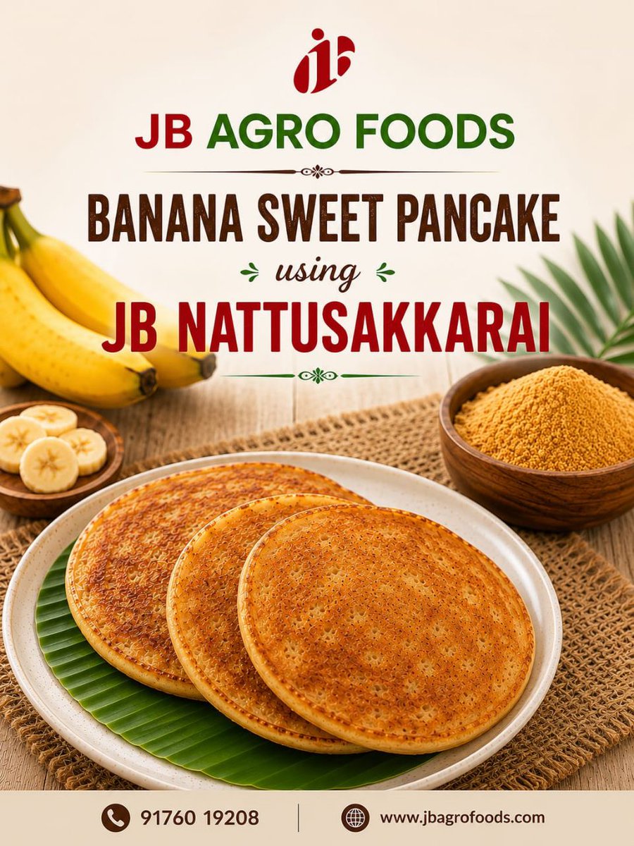 agro_jb's tweet photo. Banana Sweet Pancake using JB Nattusakkarai 

Ingredients:
2 ripe Banana
1 cup wheat flour
¼ to ½ cup JB Nattusakkarai
2-3 tbsp grated coconut
A pinch of cardamom powder
A pinch of salt
Milk or water as needed
Ghee or oil for cooking

Method

* Mash the ripe bananas well in a https://t.co/k3nbYPr2Za