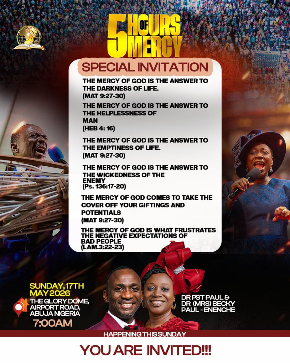 drpaulenenche's tweet photo. Beloved, when the mercy of God speaks, celebration is inevitable!🕺

You can’t afford to miss what mercy holds for you; your testimony, your lifting, your divine turnaround.🎉👏

Come with your dancing feet, come with expectation, and invite your loved ones to be part of this powerful encounter.

Mercy will speak for you! 🔥👏