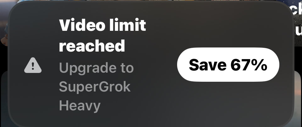 darre96322's tweet photo. Elon and Xai running a scam again to push everyone to upgrade, oh but we offer it at a discount, fuck your discount and give me what I already paid for. Then they hide behind “dynamic limits due to demand” 5 pic edits and 3 videos is lite tier BS.
Stop scamming your customers! https://t.co/O8xPeCMifJ