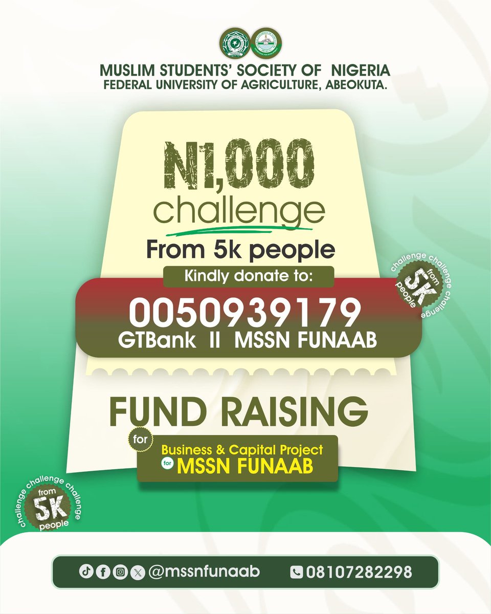MSSNFunaab's tweet photo. Join the ₦1,000 Challenge.❤️

Let 5,000 hearts come together to build, support and strengthen the vision of MSSN FUNAAB. 

Every contribution is a Sadaqah that continues to benefit. https://t.co/GAFdBc4WmL