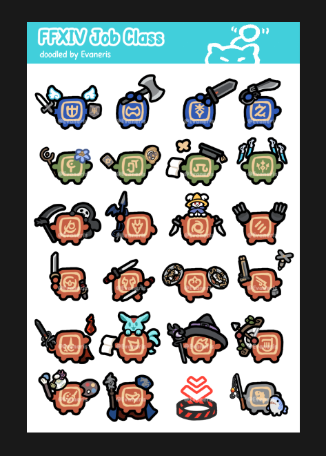 Evaneris's tweet photo. I've always wanted to make some FFXIV merch since forever and I'm very excited to try something different for the job classes!!

With a fsh sneaking in because I know some of the most dedicated fishers in my life https://t.co/j5wuAWMZ3l