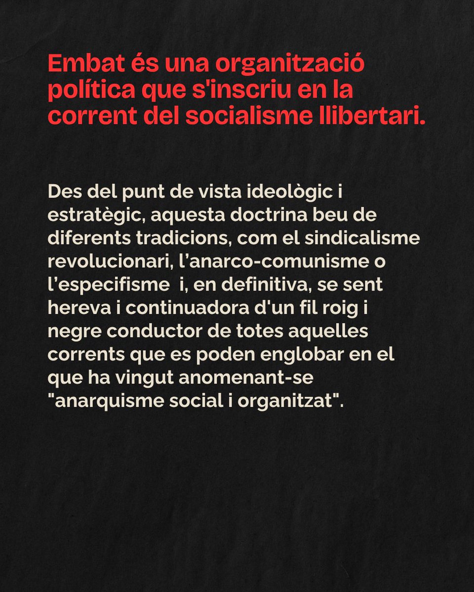 embatOLC's tweet photo. Embat s'inscriu en la corrent del socialismo llibertari.
Aquesta corrent beu de diferents tradicions, com el sindicalisme revolucionari, l'anarco-comunisme o l'especifisme. https://t.co/sLeL3vlSR1