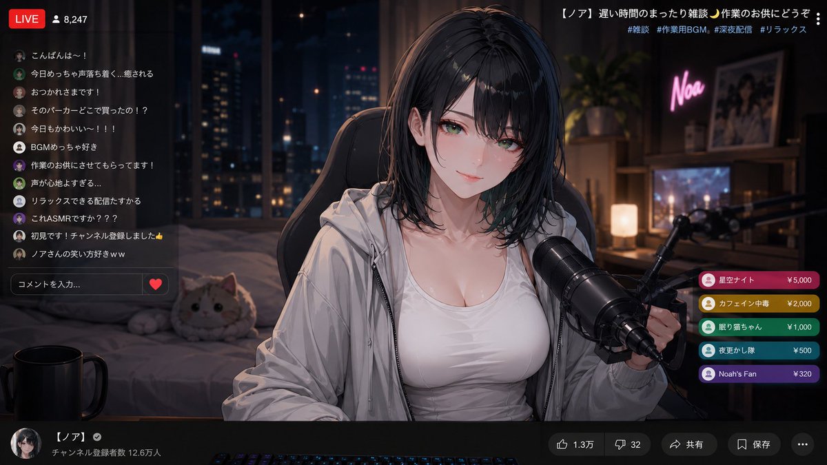 Shiro_Kuro_AI11's tweet photo. 「存在しない配信者」の配信画面のスクショが作れる
ChatGPT用プロンプト作ってみました✨️

オリキャラ1枚添付するだけで、深夜雑談配信みたいな空気感まで勝手に生えてくるの結構おもしろいので是非使ってみてください！

プロンプトはリプ欄に貼っておきます↓ https://t.co/tL9JsAhVrg