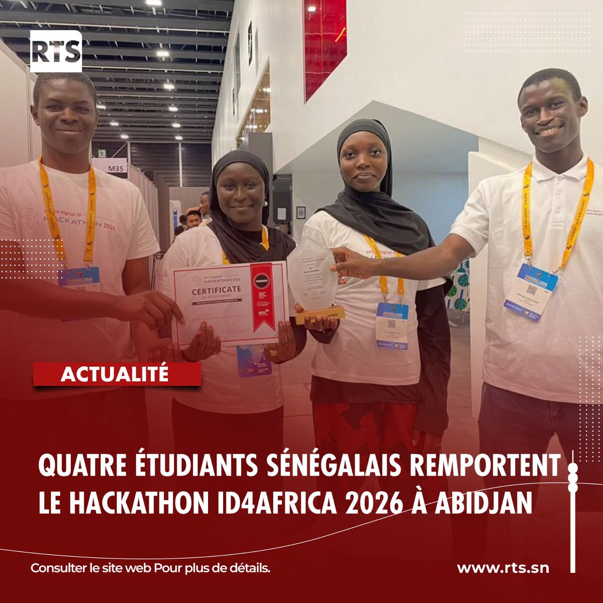 RTS1_Senegal's tweet photo. Fatou Aminata Sow, Soukeyna Diop, Papa Tahibou Tall et Mamadou Falilou Diaw ont remporté le 1er prix du Hackathon ID4Africa 2026 à Abidjan grâce à « TrustSeal », une solution innovante de vérification d’identité numérique. Sacrée meilleure application parmi huit équipes africaines, leur innovation met en lumière le potentiel technologique et scientifique du Sénégal.
https://t.co/I6bZq59k5p