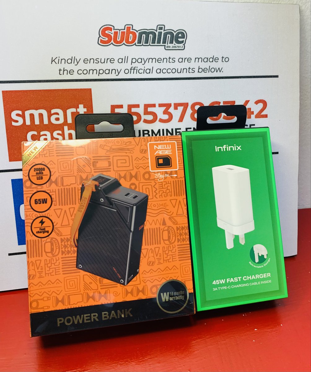 Submineng's tweet photo. New Age 20,000mah 65w laptop power bank - ₦30,000

Infinix 45w Fast Charger- ₦9,500 https://t.co/LJGiWXE6IC