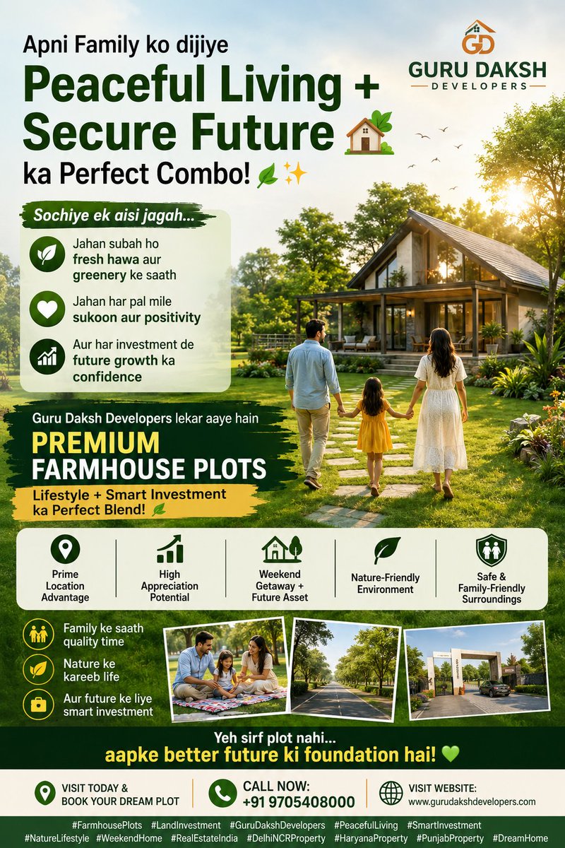 gurudakshdev's tweet photo. 🌿 Apni Family ko dijiye Peaceful Living + Secure Future ka Perfect Combo! 🏡✨

Sochiye ek aisi jagah…
🌳 Jahan subah ho fresh hawa aur greenery ke saath
💚 Jahan har pal mile sukoon aur positivity
📈 Aur har investment de future growth ka confidence https://t.co/ayg9RmWYFX