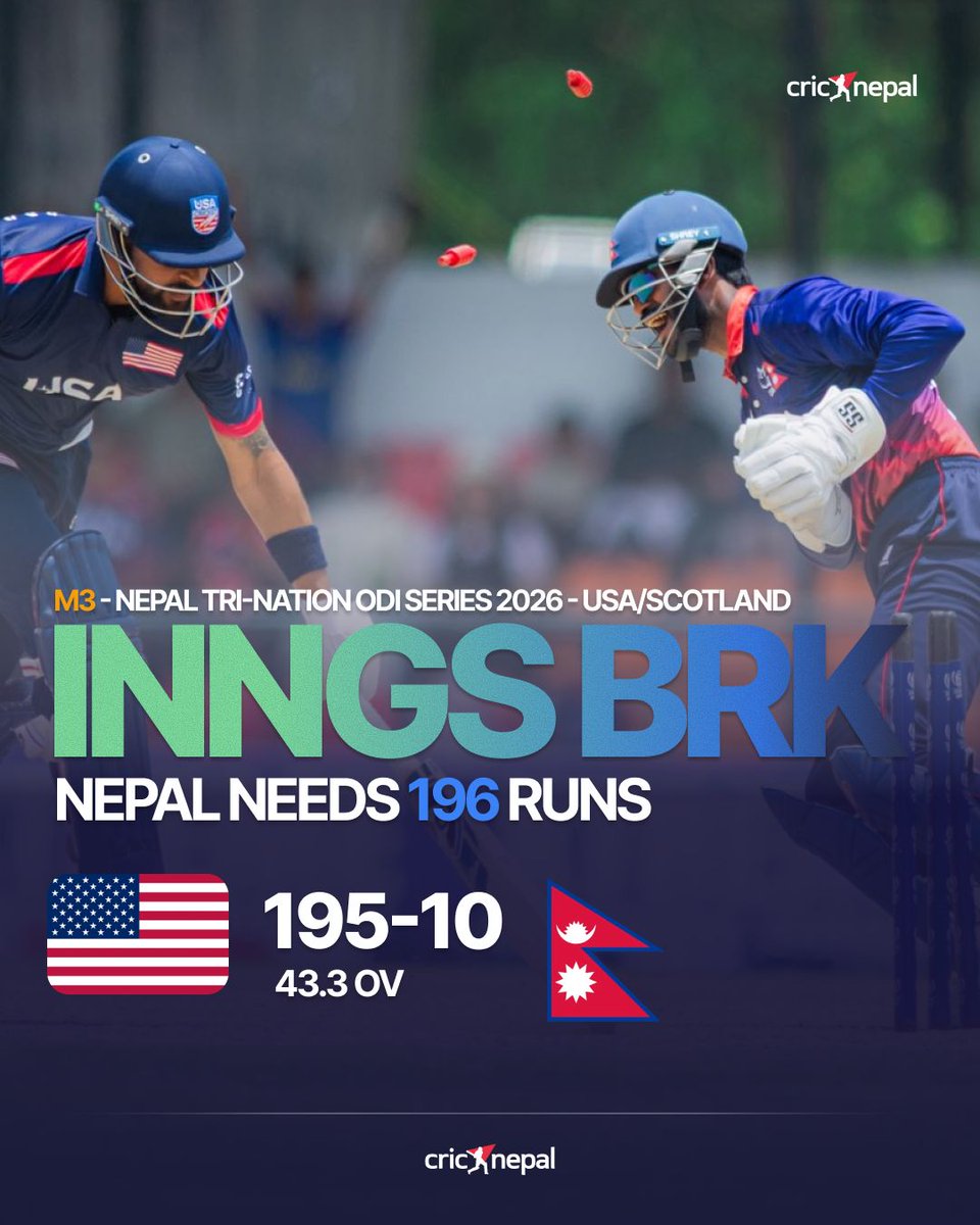 cricnepal's tweet photo. Dipendra Singh Airee’s four-wicket haul and disciplined Nepal bowling bowled USA out for 195 in 43.3 overs. 🇳🇵🔥

Smit Patel made 83 and Jayasuriya 50, but Sompal Kami struck early and Airee cleaned up the middle and lower order.

Nepal now need 196 to win. 🏏 https://t.co/v0wL0mng2N