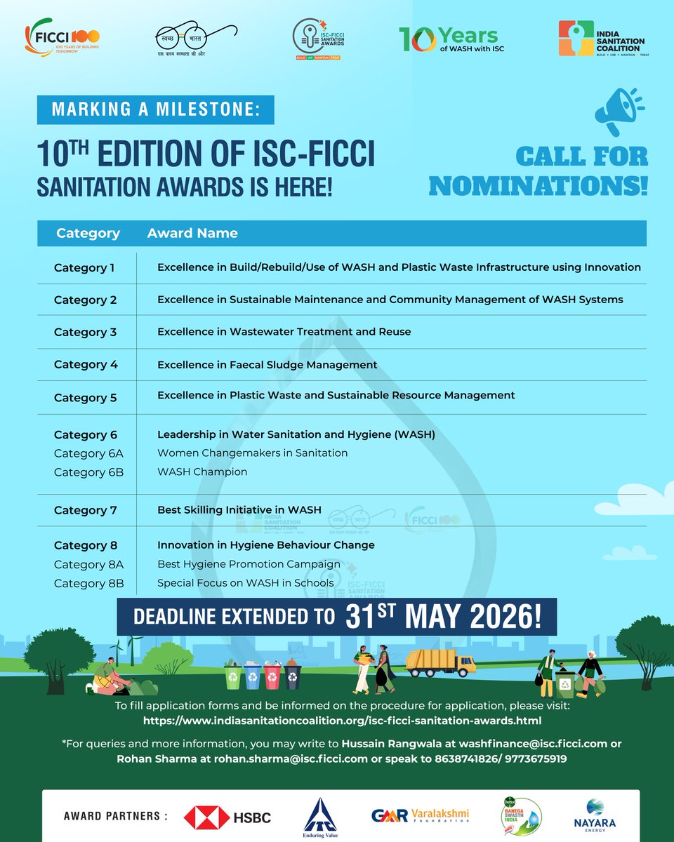 indsancoalition's tweet photo. ‼️ Your enthusiasm for the 10th edition of the ISC-FICCI Sanitation Awards 2026 has been overwhelming, and we heard you ‼️

Following multiple requests from organisations, institutions, innovators, corporates, and sector leaders across the WASH ecosystem, the application deadline has now been extended to 31st May 2026. This means more time to showcase innovations, impact, and leadership shaping the future of sanitation in India. If your initiative is creating measurable impact in the sector, this is your opportunity to gain national recognition on one of the country’s leading sanitation platforms.

📅 Deadline extended to 31st May, 2026
🔗 Link- https://t.co/m1QD7DGCvO

@ITCCorpCom @HSBC_IN